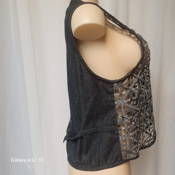 STUDIO COLLECTION Vtg SIZE M Black and White Denim Jean Waistcost Vest - Picture 5 of 11